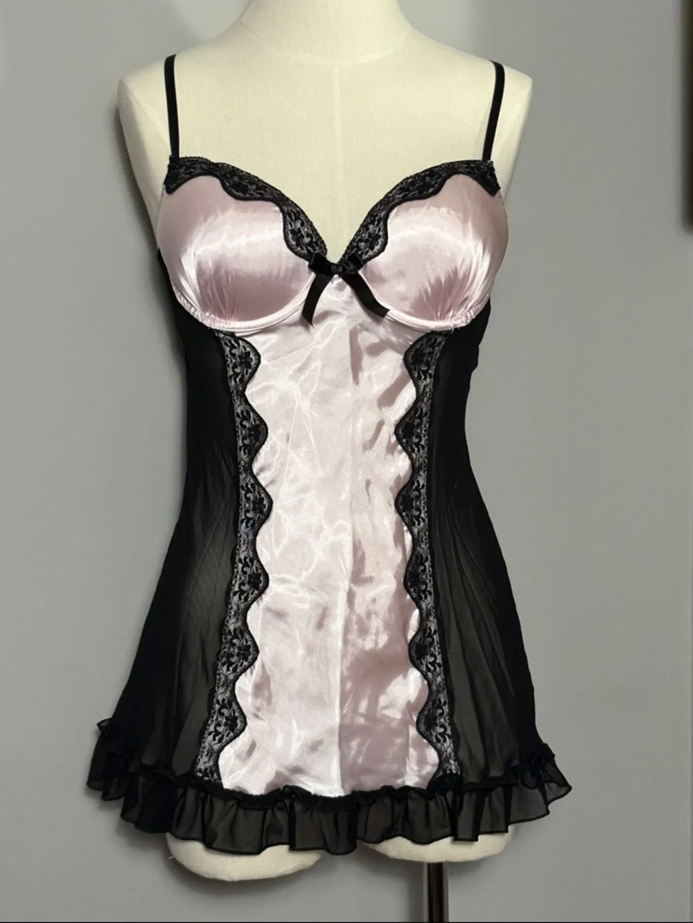 Linea Donatella Medium Satin Lace Chemise Slip Pink and Black
